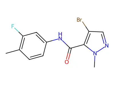 4-bromo-N-(3-fluoro-4-methylphenyl)-2-methylpyrazole-3-carboxamide structure
