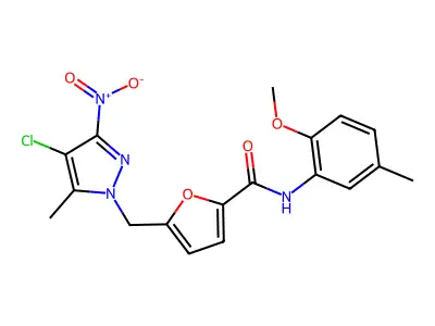 5-[(4-chloro-5-methyl-3-nitropyrazol-1-yl)methyl]-N-(2-methoxy-5-methylphenyl)furan-2-carboxamide structure