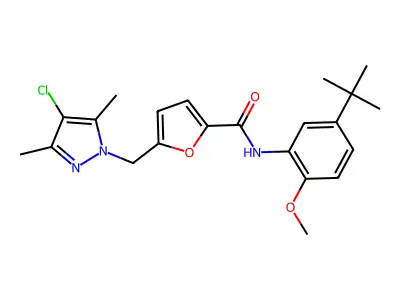 N-(5-tert-butyl-2-methoxyphenyl)-5-[(4-chloro-3,5-dimethylpyrazol-1-yl)methyl]furan-2-carboxamide structure