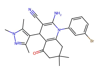 2-amino-1-(3-bromophenyl)-7,7-dimethyl-5-oxo-4-(1,3,5-trimethyl-1H-pyrazol-4-yl)-1,4,5,6,7,8-hexahydro-3-quinolinecarbonitrile structure