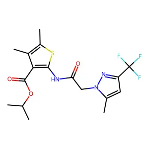 isopropyl 4,5-dimethyl-2-({[5-methyl-3-(trifluoromethyl)-1H-pyrazol-1-yl]acetyl}amino)-3-thiophenecarboxylate structure