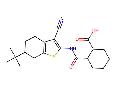 2-[(6-tert-butyl-3-cyano-4,5,6,7-tetrahydro-1-benzothiophen-2-yl)carbamoyl]cyclohexanecarboxylic acid structure