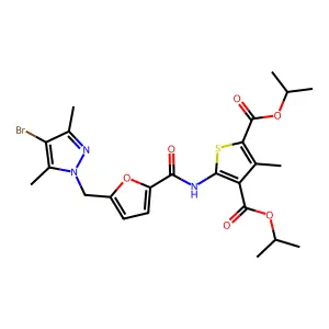 diisopropyl 5-({5-[(4-bromo-3,5-dimethyl-1H-pyrazol-1-yl)methyl]-2-furoyl}amino)-3-methyl-2,4-thiophenedicarboxylate structure