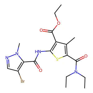 ethyl 2-[(4-bromo-2-methylpyrazole-3-carbonyl)amino]-5-(diethylcarbamoyl)-4-methylthiophene-3-carboxylate structure