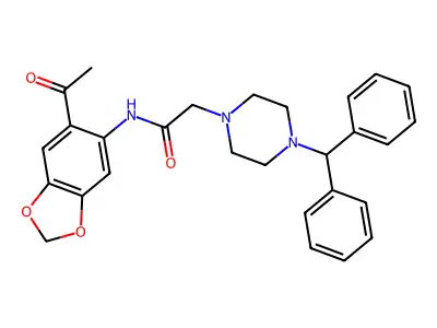 N-(6-acetyl-1,3-benzodioxol-5-yl)-2-(4-benzhydrylpiperazin-1-yl)acetamide structure