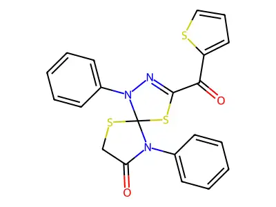 1,9-diphenyl-3-(2-thienylcarbonyl)-4,6-dithia-1,2,9-triazaspiro[4.4]non-2-en-8-one structure