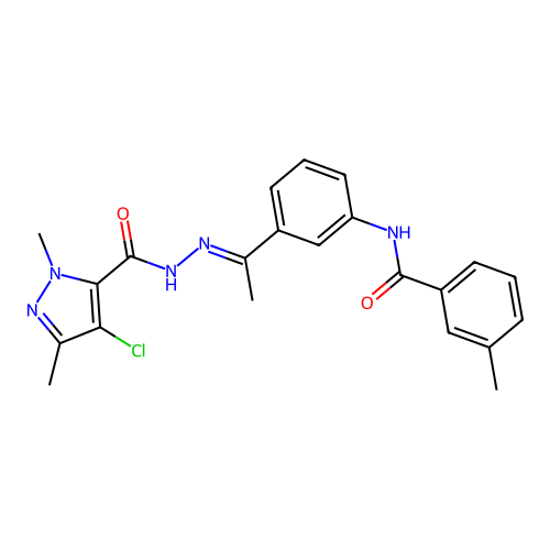 4-chloro-2,5-dimethyl-N-[(E)-1-[3-[(3-methylbenzoyl)amino]phenyl]ethylideneamino]pyrazole-3-carboxamide structure
