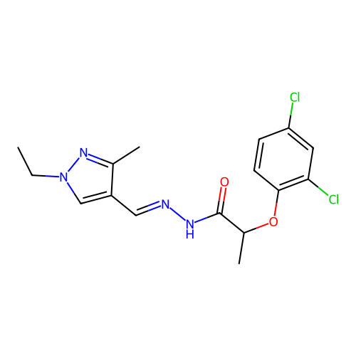 2-(2,4-dichlorophenoxy)-N'-[(1-ethyl-3-methyl-1H-pyrazol-4-yl)methylene]propanohydrazide structure