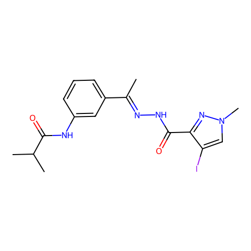4-iodo-1-methyl-N-[(E)-1-[3-(2-methylpropanoylamino)phenyl]ethylideneamino]pyrazole-3-carboxamide structure