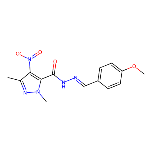 N-[(E)-(4-methoxyphenyl)methylideneamino]-2,5-dimethyl-4-nitropyrazole-3-carboxamide structure