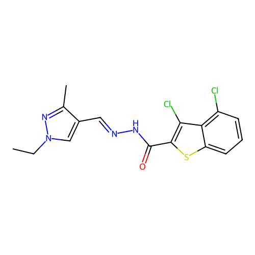 3,4-dichloro-N-[(E)-(1-ethyl-3-methylpyrazol-4-yl)methylideneamino]-1-benzothiophene-2-carboxamide structure