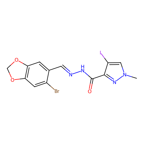N-[(E)-(6-bromo-1,3-benzodioxol-5-yl)methylideneamino]-4-iodo-1-methylpyrazole-3-carboxamide structure