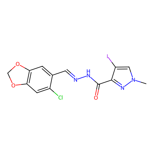N-[(E)-(6-chloro-1,3-benzodioxol-5-yl)methylideneamino]-4-iodo-1-methylpyrazole-3-carboxamide structure
