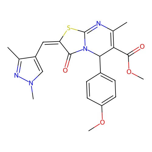 (E)-methyl 2-((1,3-dimethyl-1H-pyrazol-4-yl)methylene)-5-(4-methoxyphenyl)-7-methyl-3-oxo-3,5-dihydro-2H-thiazolo[3,2-a]pyrimidine-6-carboxylate structure