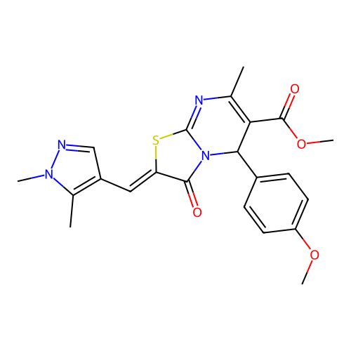 methyl (2E)-2-[(1,5-dimethyl-1H-pyrazol-4-yl)methylidene]-5-(4-methoxyphenyl)-7-methyl-3-oxo-2H,3H,5H-[1,3]thiazolo[3,2-a]pyrimidine-6-carboxylate structure