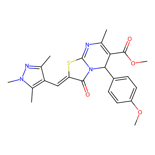 methyl (2E)-5-(4-methoxyphenyl)-7-methyl-3-oxo-2-[(1,3,5-trimethyl-1H-pyrazol-4-yl)methylidene]-2H,3H,5H-[1,3]thiazolo[3,2-a]pyrimidine-6-carboxylate structure