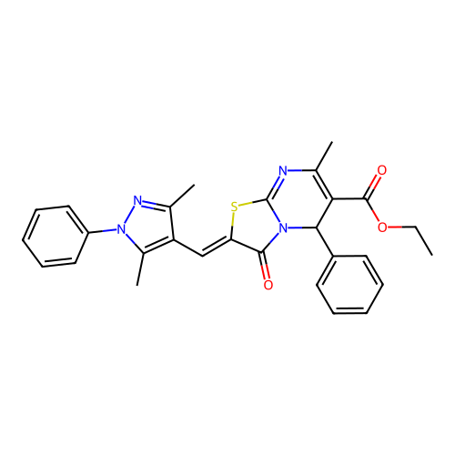 ethyl (2Z)-2-[(3,5-dimethyl-1-phenyl-1H-pyrazol-4-yl)methylidene]-7-methyl-3-oxo-5-phenyl-2,3-dihydro-5H-[1,3]thiazolo[3,2-a]pyrimidine-6-carboxylate structure