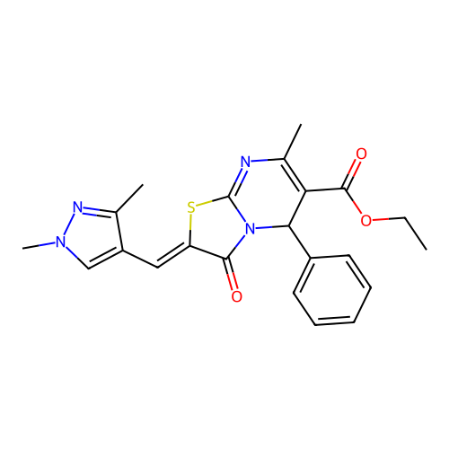 ethyl 2-[(1,3-dimethyl-1H-pyrazol-4-yl)methylene]-7-methyl-3-oxo-5-phenyl-2,3-dihydro-5H-[1,3]thiazolo[3,2-a]pyrimidine-6-carboxylate structure