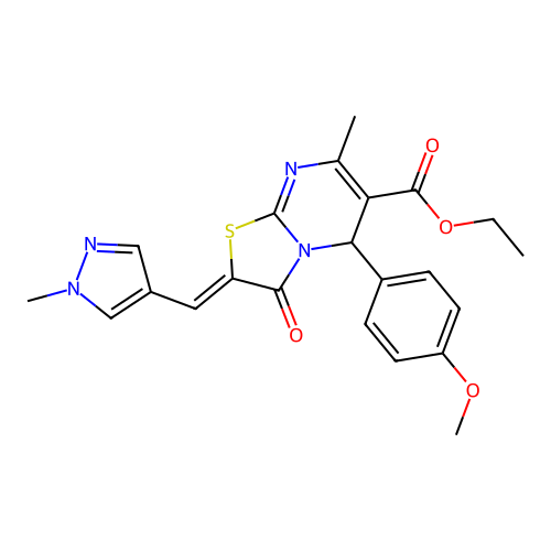 ethyl 5-(4-methoxyphenyl)-7-methyl-2-[(1-methyl-1H-pyrazol-4-yl)methylene]-3-oxo-2,3-dihydro-5H-[1,3]thiazolo[3,2-a]pyrimidine-6-carboxylate structure