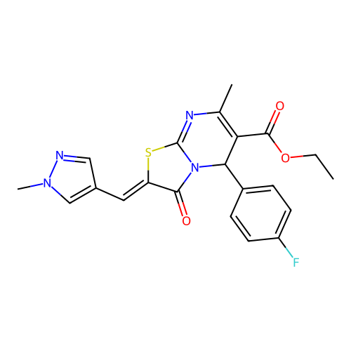 ethyl 5-(4-fluorophenyl)-7-methyl-2-[(1-methyl-1H-pyrazol-4-yl)methylene]-3-oxo-2,3-dihydro-5H-[1,3]thiazolo[3,2-a]pyrimidine-6-carboxylate structure