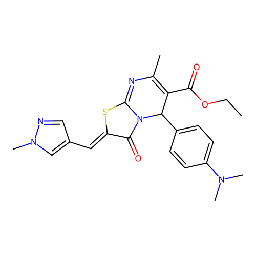 ethyl 5-[4-(dimethylamino)phenyl]-7-methyl-2-[(1-methyl-1H-pyrazol-4-yl)methylene]-3-oxo-2,3-dihydro-5H-[1,3]thiazolo[3,2-a]pyrimidine-6-carboxylate structure