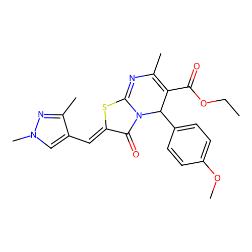 ethyl 2-[(1,3-dimethyl-1H-pyrazol-4-yl)methylene]-5-(4-methoxyphenyl)-7-methyl-3-oxo-2,3-dihydro-5H-[1,3]thiazolo[3,2-a]pyrimidine-6-carboxylate structure