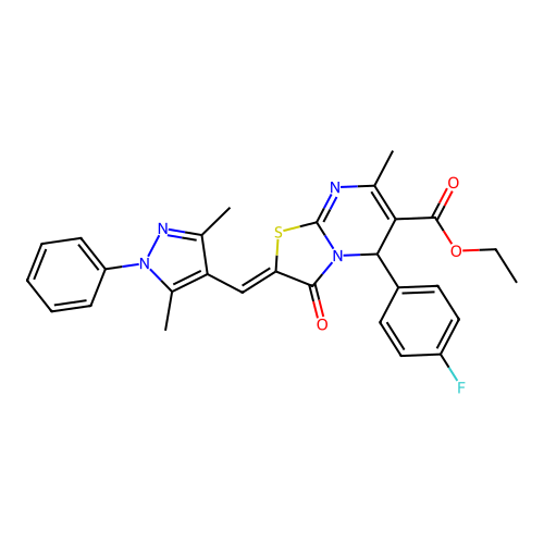 ethyl (2Z)-2-[(3,5-dimethyl-1-phenylpyrazol-4-yl)methylidene]-5-(4-fluorophenyl)-7-methyl-3-oxo-5H-[1,3]thiazolo[3,2-a]pyrimidine-6-carboxylate structure