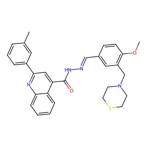 N-[(E)-[4-methoxy-3-(thiomorpholin-4-ylmethyl)phenyl]methylideneamino]-2-(3-methylphenyl)quinoline-4-carboxamide structure