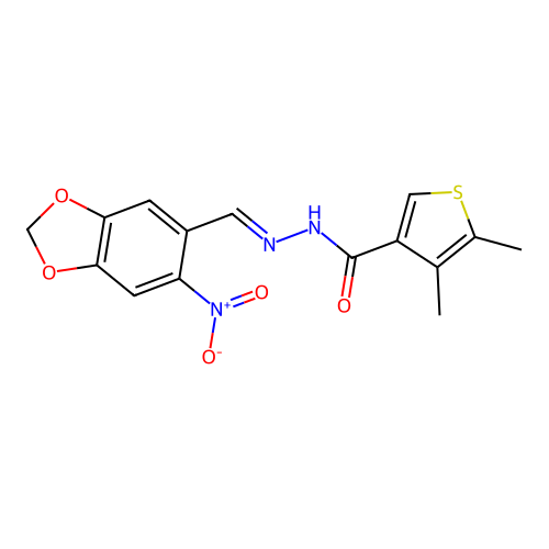 4,5-dimethyl-N-[(E)-(6-nitro-1,3-benzodioxol-5-yl)methylideneamino]thiophene-3-carboxamide structure