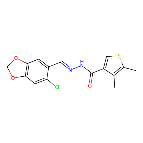 N-[(E)-(6-chloro-1,3-benzodioxol-5-yl)methylideneamino]-4,5-dimethylthiophene-3-carboxamide structure