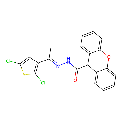 N-[(E)-1-(2,5-dichlorothiophen-3-yl)ethylideneamino]-9H-xanthene-9-carboxamide structure