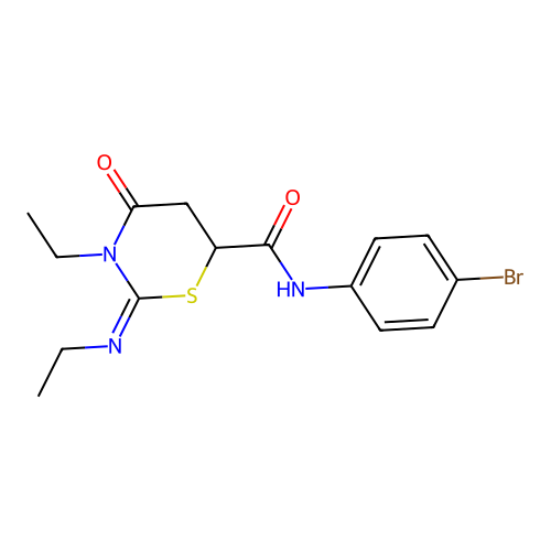(2Z)-N-(4-bromophenyl)-3-ethyl-2-(ethylimino)-4-oxo-1,3-thiazinane-6-carboxamide structure