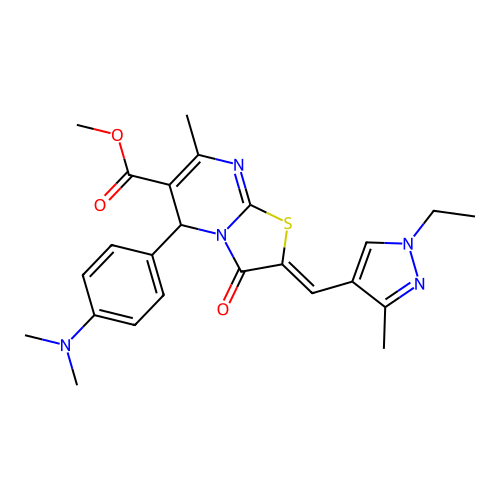 methyl (2E)-5-[4-(dimethylamino)phenyl]-2-[(1-ethyl-3-methyl-1H-pyrazol-4-yl)methylidene]-7-methyl-3-oxo-2H,3H,5H-[1,3]thiazolo[3,2-a]pyrimidine-6-carboxylate structure