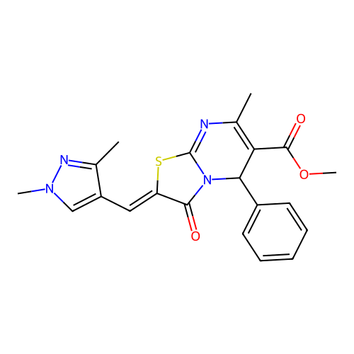 methyl (2E)-2-[(1,3-dimethyl-1H-pyrazol-4-yl)methylidene]-7-methyl-3-oxo-5-phenyl-2H,3H,5H-[1,3]thiazolo[3,2-a]pyrimidine-6-carboxylate structure