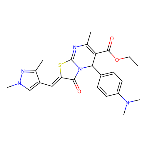 ethyl (2E)-2-[(1,3-dimethyl-1H-pyrazol-4-yl)methylidene]-5-[4-(dimethylamino)phenyl]-7-methyl-3-oxo-2H,3H,5H-[1,3]thiazolo[3,2-a]pyrimidine-6-carboxylate structure