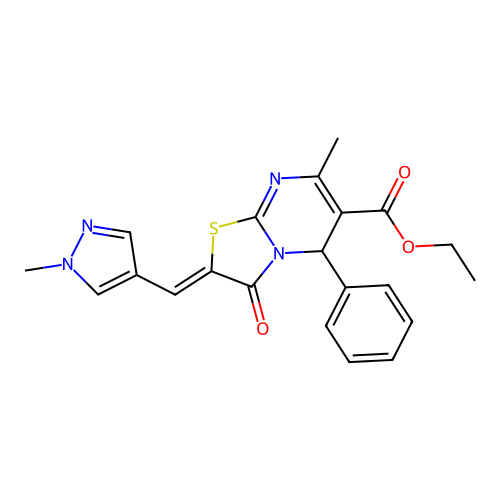 ethyl 7-methyl-2-[(1-methyl-1H-pyrazol-4-yl)methylene]-3-oxo-5-phenyl-2,3-dihydro-5H-[1,3]thiazolo[3,2-a]pyrimidine-6-carboxylate structure