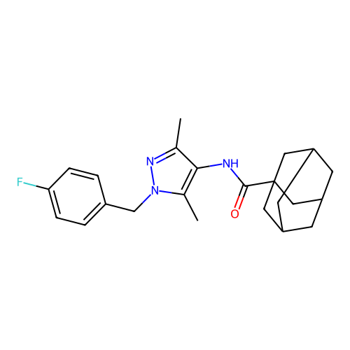 N-[1-[(4-fluorophenyl)methyl]-3,5-dimethylpyrazol-4-yl]adamantane-1-carboxamide structure