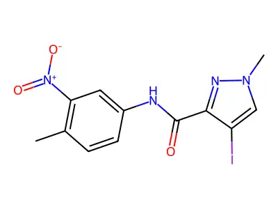 4-iodo-1-methyl-N-(4-methyl-3-nitrophenyl)pyrazole-3-carboxamide structure