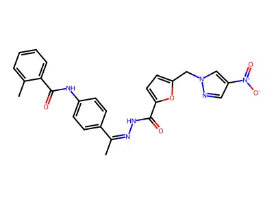 N-[(Z)-1-[4-[(2-methylbenzoyl)amino]phenyl]ethylideneamino]-5-[(4-nitropyrazol-1-yl)methyl]furan-2-carboxamide structure