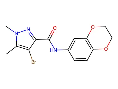 4-bromo-N-(2,3-dihydro-1,4-benzodioxin-6-yl)-1,5-dimethyl-1H-pyrazole-3-carboxamide structure