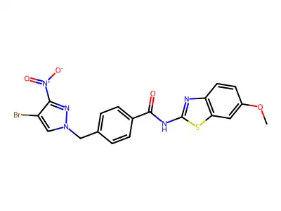 4-[(4-bromo-3-nitropyrazol-1-yl)methyl]-N-(6-methoxy-1,3-benzothiazol-2-yl)benzamide structure
