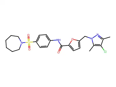 N-[4-(1-azepanylsulfonyl)phenyl]-5-[(4-chloro-3,5-dimethyl-1H-pyrazol-1-yl)methyl]-2-furamide structure