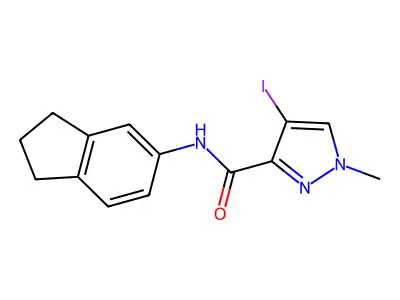 N-(2,3-dihydro-1H-inden-5-yl)-4-iodo-1-methylpyrazole-3-carboxamide structure