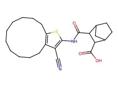 3-[(3-cyano-4,5,6,7,8,9,10,11,12,13-decahydrocyclododeca[b]thiophen-2-yl)carbamoyl]bicyclo[2.2.1]heptane-2-carboxylic acid structure
