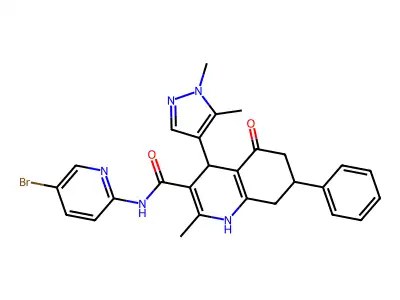 N-(5-bromopyridin-2-yl)-4-(1,5-dimethylpyrazol-4-yl)-2-methyl-5-oxo-7-phenyl-4,6,7,8-tetrahydro-1H-quinoline-3-carboxamide structure