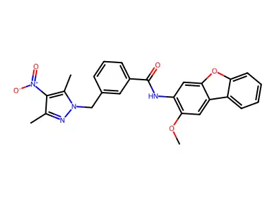 3-[(3,5-dimethyl-4-nitropyrazol-1-yl)methyl]-N-(2-methoxydibenzofuran-3-yl)benzamide structure