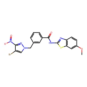 3-[(4-bromo-3-nitropyrazol-1-yl)methyl]-N-(6-methoxy-1,3-benzothiazol-2-yl)benzamide structure