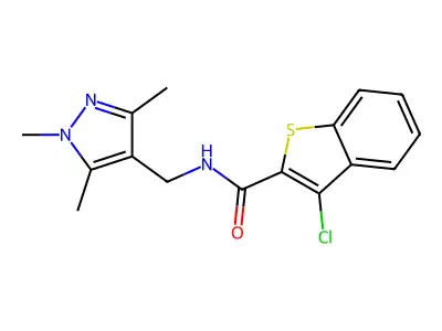 3-chloro-N-[(1,3,5-trimethyl-1H-pyrazol-4-yl)methyl]-1-benzothiophene-2-carboxamide structure