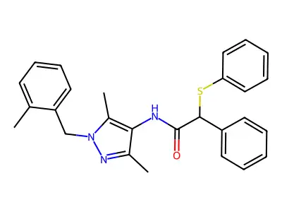 N-[3,5-dimethyl-1-(2-methylbenzyl)-1H-pyrazol-4-yl]-2-phenyl-2-(phenylsulfanyl)acetamide structure