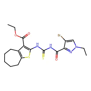 ethyl 2-({[(4-bromo-1-ethyl-1H-pyrazol-3-yl)carbonyl]carbamothioyl}amino)-5,6,7,8-tetrahydro-4H-cyclohepta[b]thiophene-3-carboxylate structure